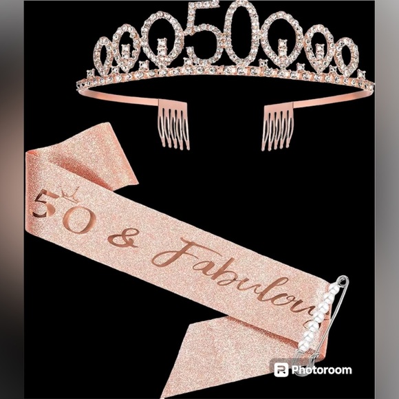50th Birthday Tiara and Sash - 50 & Fabulous - Rose Gold & Crystals - Picture 1 of 4